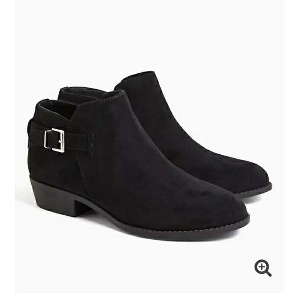 Faux suede black buckle ankle bootie